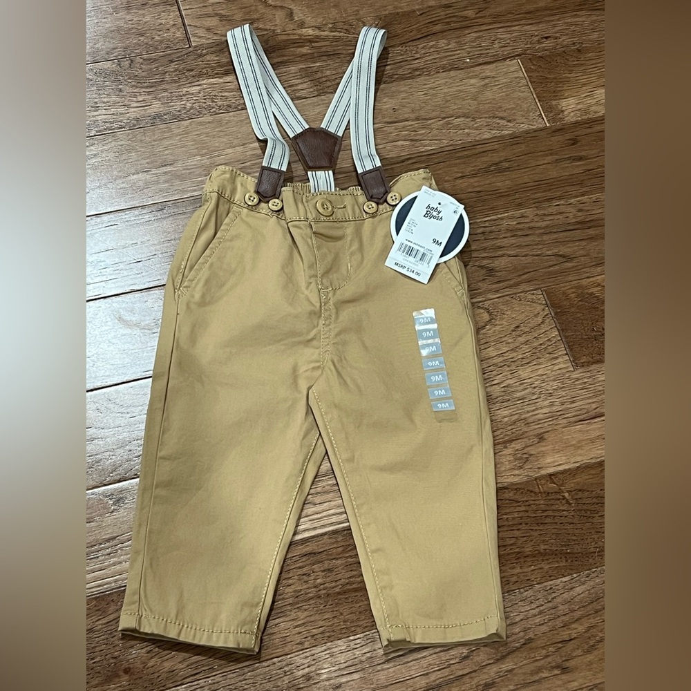 NWT Oshkosh B’gosh Khaki Suspender Pants Baby Boy 9 Months